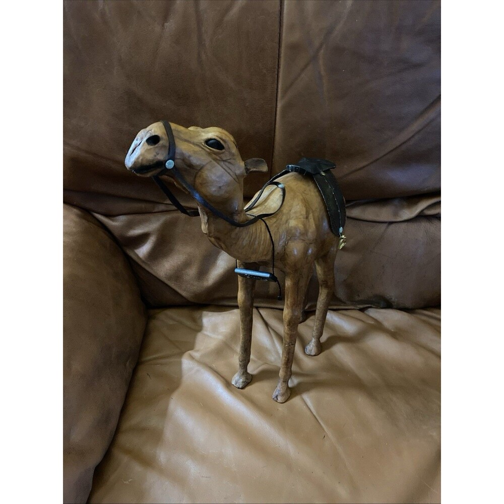 VTG Camel Sculpture Leather on Hand Carved Wood with Harness & Saddle 14" L x 14